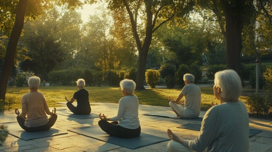 Група пенсіонерів практикує йогу на природі