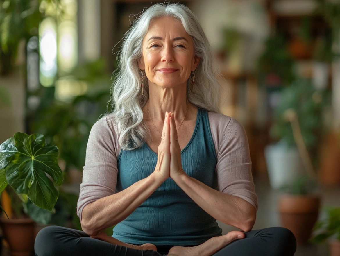 Старша жінка практикує йогу в позі лотоса